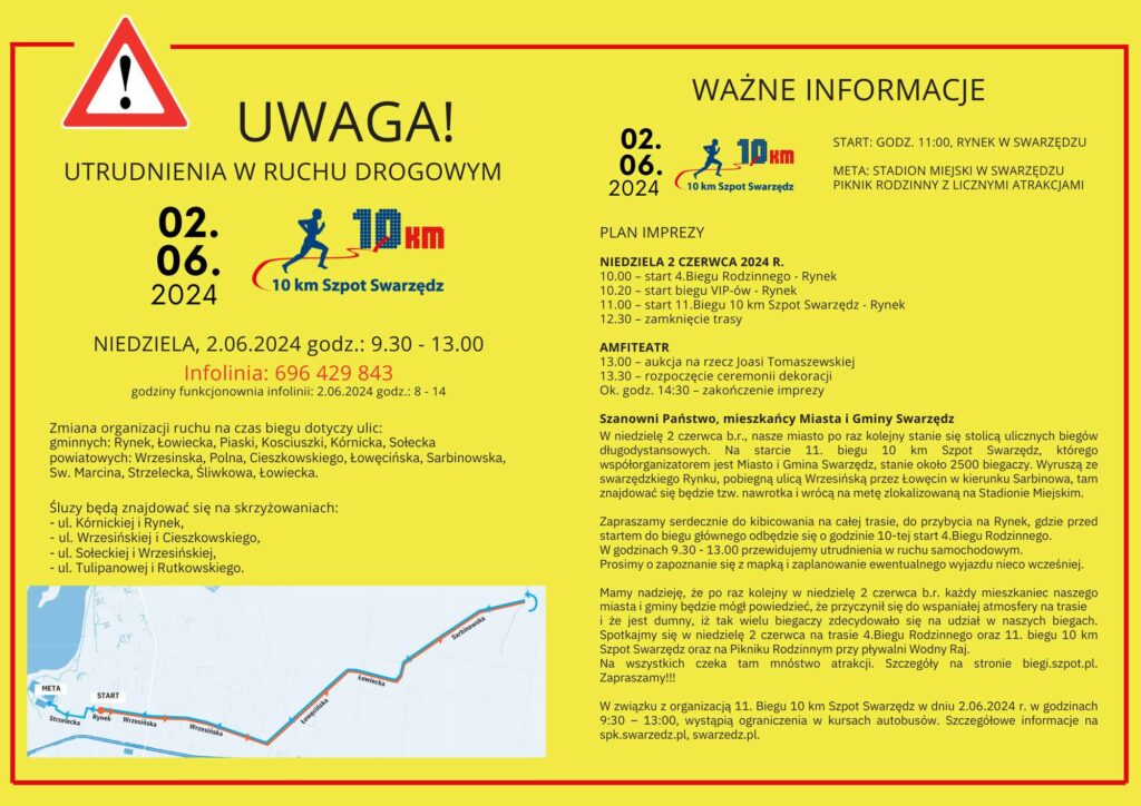 NIEDZIELA 2 CZERWCA 2024 R. 10.00 start 4.Biegu Rodzinnego Rynek 10.20 start biegu VIP w Rynek 11.00 start 11.Biegu 10 km Szpot Swarzdz Rynek 12.30 zamknicie trasy AMFITEATR 13.00