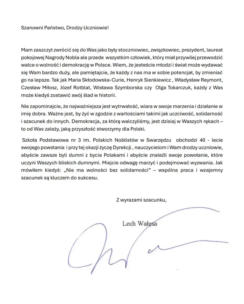 Lech Wałęsa z życzeniami dla swarzędzkiej Trójki! 3 ListLechWalesa